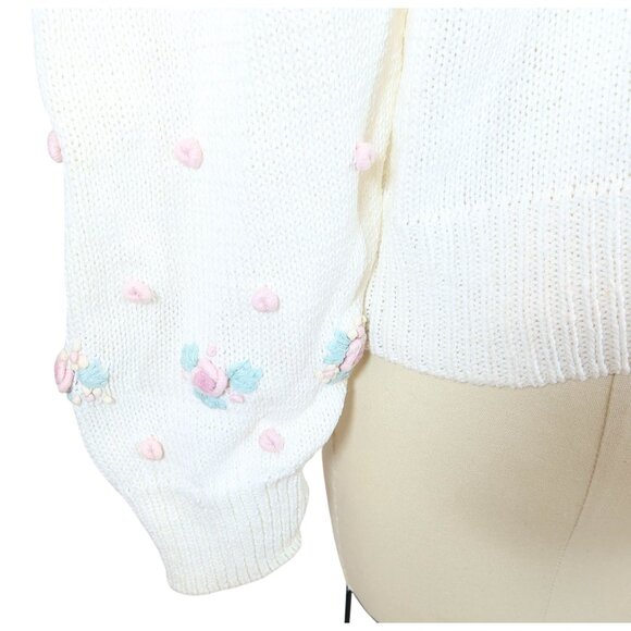 Vintage 3D Floral Rosette Cardigan Sweater M Pearl Button Cottage Fairy Grandma - Picture 7 of 10